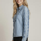 DENIM DAYDREAM CHAMBRAY RUFFLE BUTTON DOWN