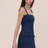 FLIRTY SMILE DENIM SQUARE NECK MINI DRESS