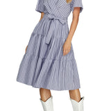 POINT THE WAY BLUE PINSTRIPE TIERED MIDI DRESS