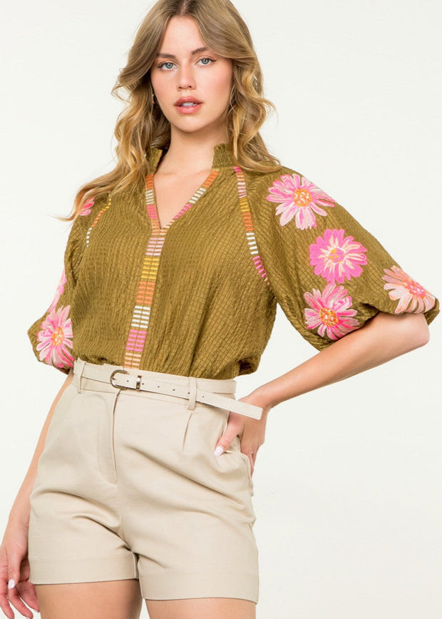 ROMANCE IN BLOOM FLORAL EMBROIDERED PUFF SLEEVE TOP