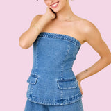 BEYOND THE STAGE STRAPLESS DENIM ROMPER