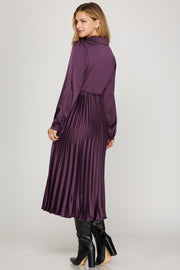 ELEGANT MOMENTS PLUM SATIN PLEATED DRESS