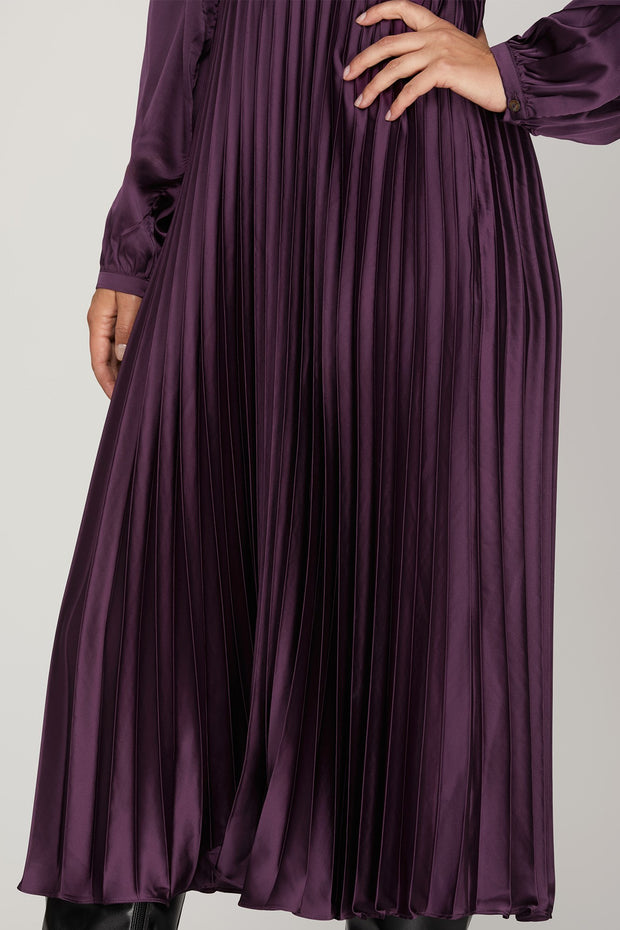 ELEGANT MOMENTS PLUM SATIN PLEATED DRESS