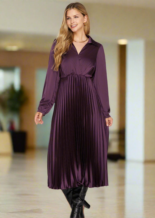 ELEGANT MOMENTS PLUM SATIN PLEATED DRESS