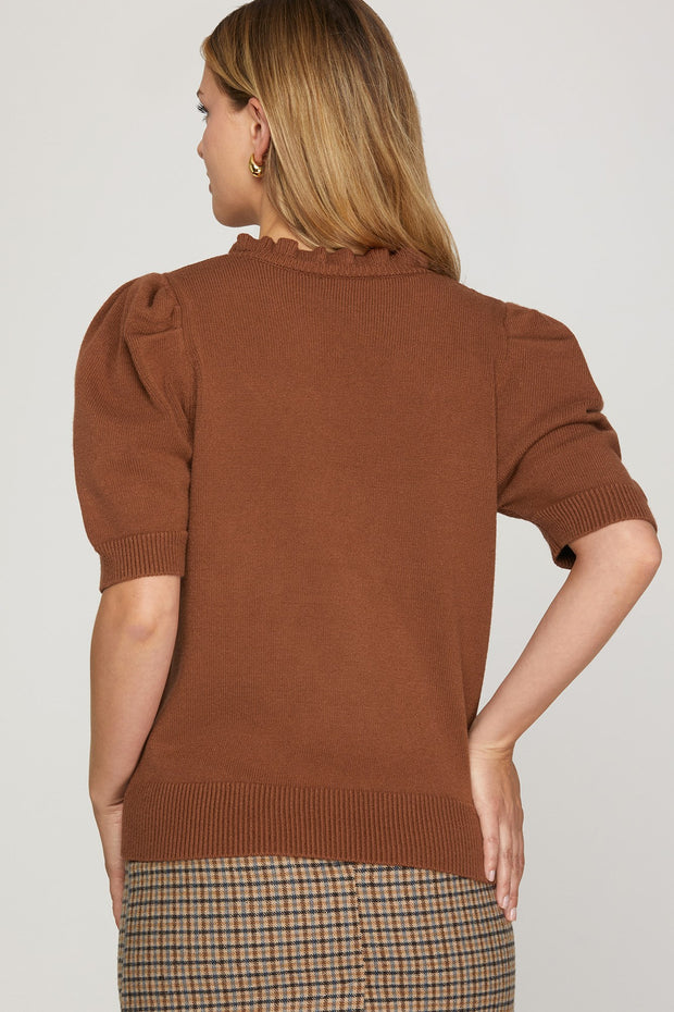 LIKE CLOCKWORK RUFFLED CINNAMON SWEATER