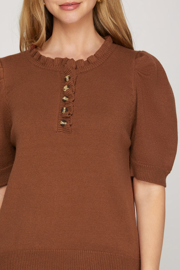 LIKE CLOCKWORK RUFFLED CINNAMON SWEATER