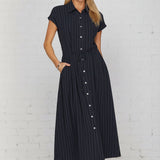 EVERYDAY CHARM STRIPED BUTTON DOWN MIDI DRESS