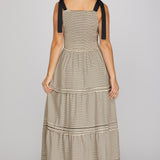 A LITTLE GETAWAY SHOULDER TIE SMOCKED TIERED MAXI DRESS