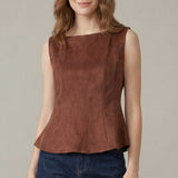 A PROPER FIT SLEEVELESS PEPLUM SUEDE TOP