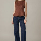 A PROPER FIT SLEEVELESS PEPLUM SUEDE TOP
