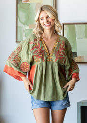 WEEKEND WANDERING EMBROIDERED GAUZE TOP - MAGENTA OR OLIVE