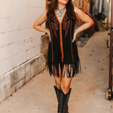 RODEO DRIVE BLACK & RUST EMBROIDERED FRINGE DRESS