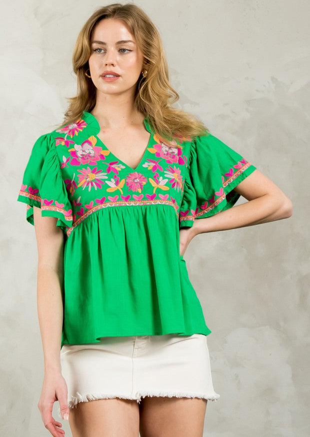 INTO THE GARDEN GREEN EMBROIDERED TOP