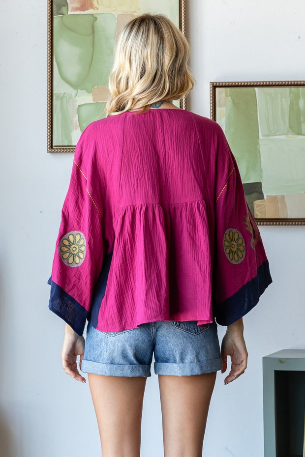 WEEKEND WANDERING EMBROIDERED GAUZE TOP - MAGENTA OR OLIVE