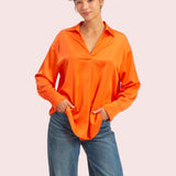 STUNNING VIBES LONG SLEEVE SILKY BLOUSE - RED OR ORANGE