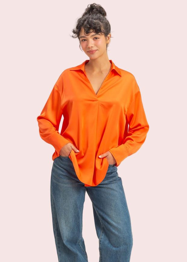 STUNNING VIBES LONG SLEEVE SILKY BLOUSE - RED OR ORANGE