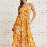 VACATION READY FRUIT PRINT HALTER MIDI DRESS