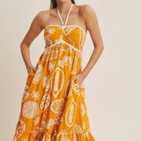 VACATION READY FRUIT PRINT HALTER MIDI DRESS