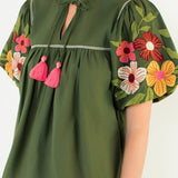 BETTER DAYS AHEAD OLIVE EMROIDERED PUFF SLEEVE TOP