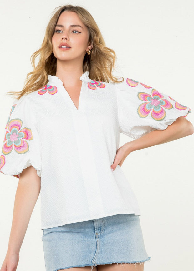 TOUCH OF SWEETNESS EMBROIDERED PUFF SLEEVE TOP