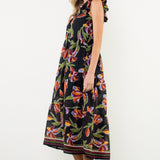 HARVEST STROLL BLACK FLORAL MIDI DRESS