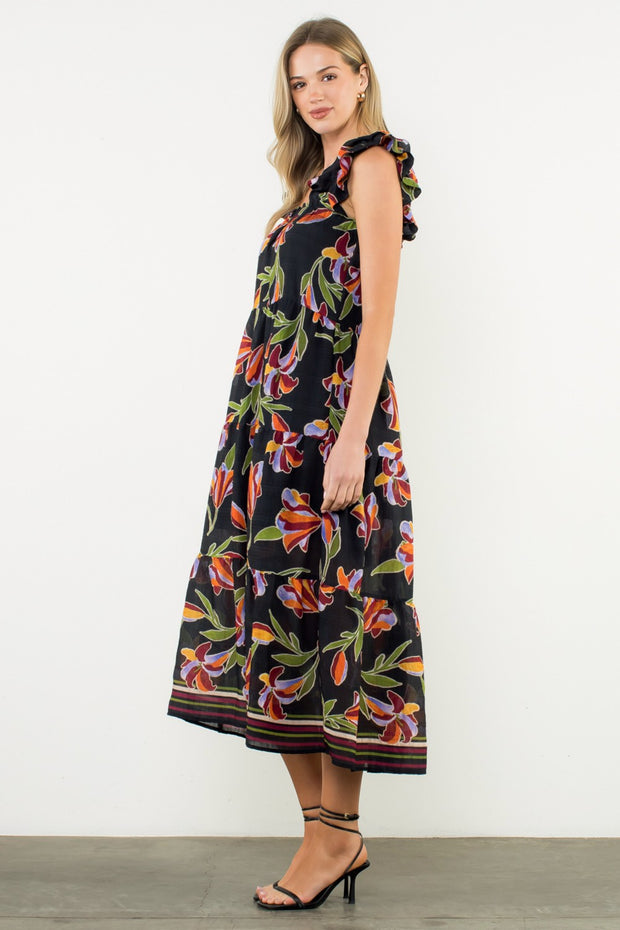 HARVEST STROLL BLACK FLORAL MIDI DRESS