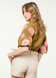 ROMANCE IN BLOOM FLORAL EMBROIDERED PUFF SLEEVE TOP