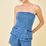 BEYOND THE STAGE STRAPLESS DENIM ROMPER