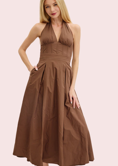 MY DEBUT RICH BROWN HALTER MIDI DRESS