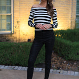 STRIPE A POSE OFF THE SHOULDER SWEATER - BLACK, CAMEL OR WINE