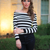 STRIPE A POSE OFF THE SHOULDER SWEATER - BLACK, CAMEL OR WINE