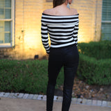 STRIPE A POSE OFF THE SHOULDER SWEATER - BLACK, CAMEL OR WINE