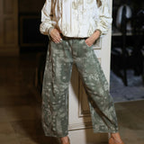 FAN ZONE OLIVE PAISLEY PRINT BARREL JEANS