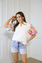 TROPICAL DELIGHT EMBROIDERED PUFF SLEEVE TOP