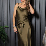 GLITZ AND GLAM DRAPED NECK SLEEVELESS MIDI DRESS