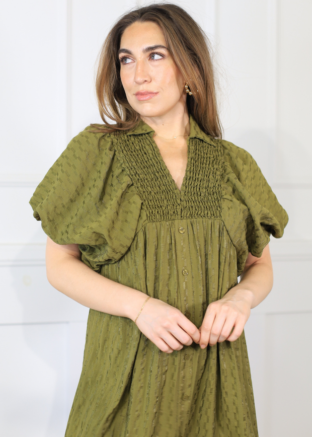 BLESSED LIFE OLIVE SMOCKED MIDI DRESS