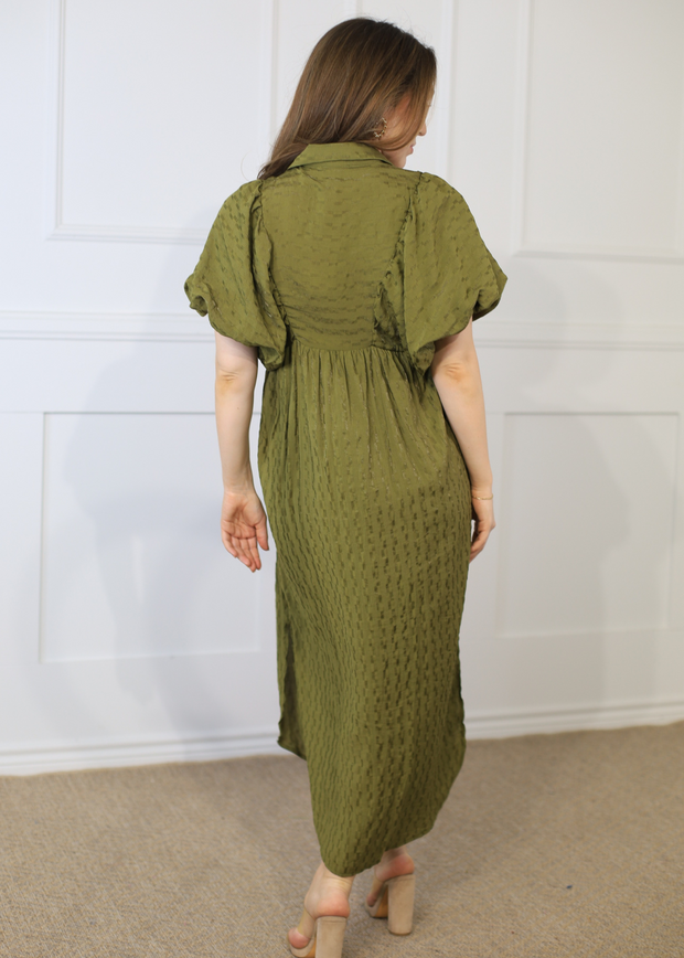 BLESSED LIFE OLIVE SMOCKED MIDI DRESS