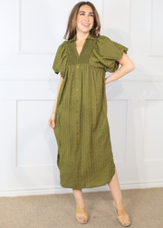 BLESSED LIFE OLIVE SMOCKED MIDI DRESS