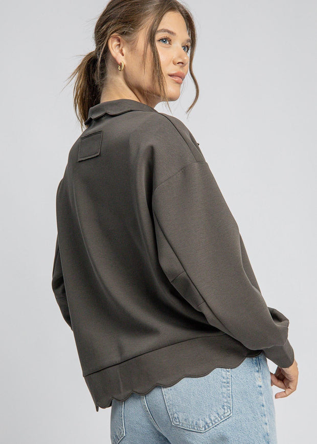 COMFY CUTIE NEOKNIT HENLEY SCALLOPED SWEATSHIRT