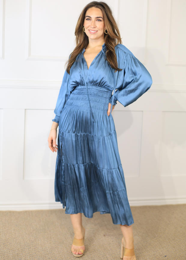 CLAUDIA DUSTY BLUE SATIN MAXI DRESS