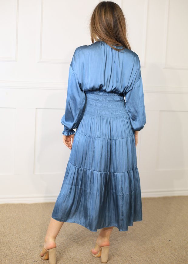 CLAUDIA DUSTY BLUE SATIN MAXI DRESS