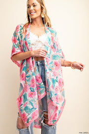 COZY ABSTRACT KIMONO FLORAL PRINT COVER UP