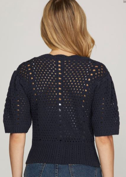 EASILY ADORABLE NAVY SCALLOPED SWEATER