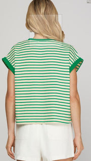 VACAY MODE GREEN & CREAM STRIPE TOP