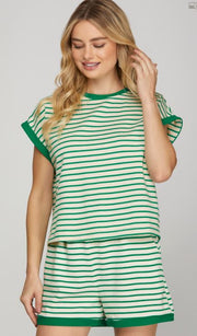 VACAY MODE GREEN & CREAM STRIPE TOP