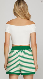 VACAY MODE GREEN AND CREAM STRIPE SHORTS