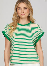 VACAY MODE GREEN & CREAM STRIPE TOP