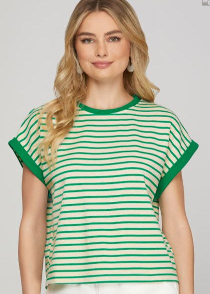 VACAY MODE GREEN & CREAM STRIPE TOP