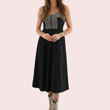 CITY SLEEK EMBROIDERY DETAIL PLEATED DRESS