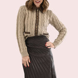 UPTOWN GIRL CONTRAST FAUX LEATHER TRIM CARDIGAN